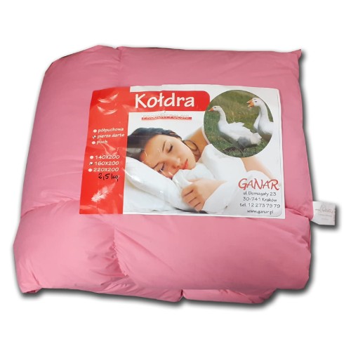 kołdra z pierza dartego 160x200 waga wypełnienia 2.5kg pierze darte gęsie, poszycie tkanina 100% bawełna, kolor różowy, kołdra pikowana
