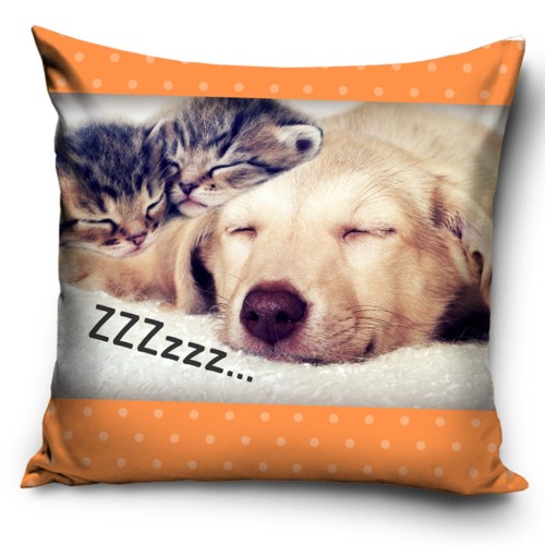 Poszewka 40x40 cm ze śpiącym jasnym szczeniakiem i pręgowanym kotkiem, z napisem 'Zzzzzz...' i pomarańczowymi pasami w białe kropki. Wzór obustronny