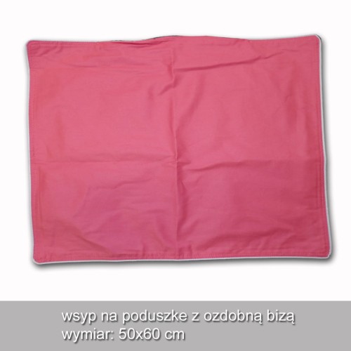 różowy wsyp na poduszkę, rozmiar 50x60 typ Ikea, obszyta białą ozdobna bizą, otwór na wsypanie zawartości.