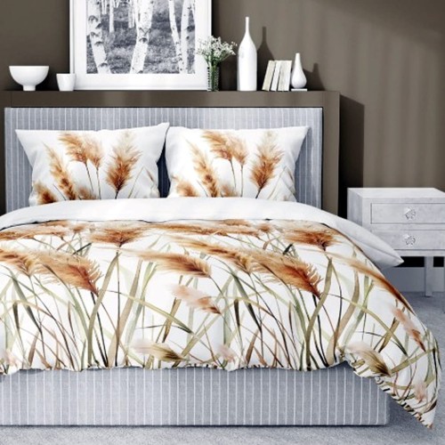 Pościel z delikatnym wzorem kłosów traw na białym tle. Miękka satyna bawełniana, 100% bawełna. detexpol 5329A