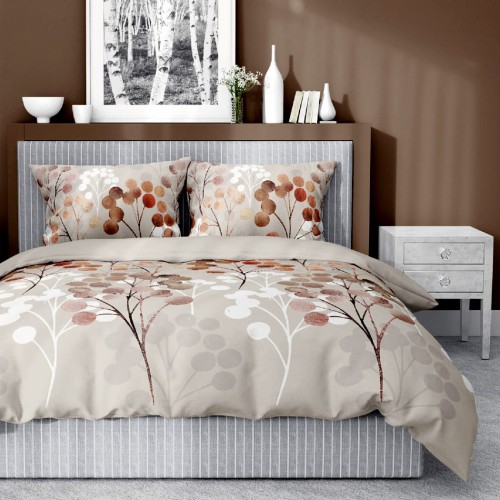 Pościel satynowa 100% bawełna. Beżowy wzór gałązek z liśćmi. Elegancki i subtelny design. Komfort i styl w Twojej sypialni. Detexpol 5223A