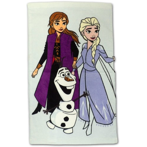 Ręcznik bawełniany 30x50 cm Kraina Lodu Frozen z postacią Elsy, Anny i Olafa na białym tle, akcesoria dla dzieci, ręcznik do przedszkola.