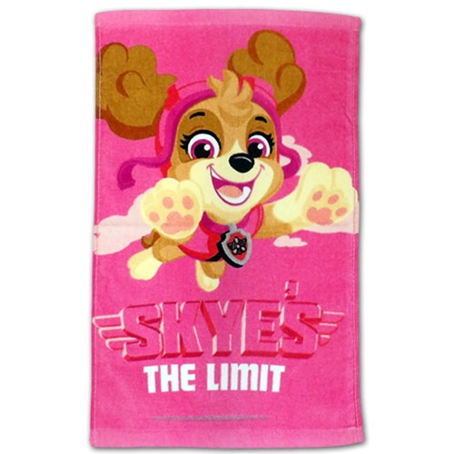 Ręcznik bawełniany 30x50 cm Psi Patrol z postacią Skye w locie na różowym tle z napisem "Skye's The Limit", akcesoria dla dzieci, ręcznik do przedszkola.