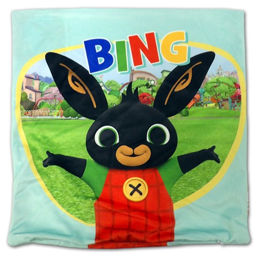 Jasnoniebieska poszewka 40x40 cm z mikrofibry z uśmiechniętym króliczkiem Bingiem i napisem "BING"