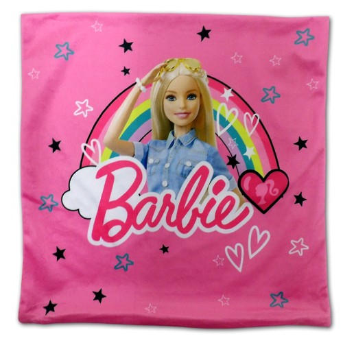 Różowa poszewka 40x40 cm z mikrofibry z Barbie, tęczą, gwiazdkami i serduszkami.