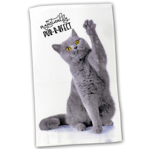 Ręcznik bawełniany 30x50 cm z szarym kotem brytyjskim podnoszącym łapę na białym tle z napisem "Majestically PUR-R-RFECT", akcesoria dla dzieci, ręcznik do rąk.