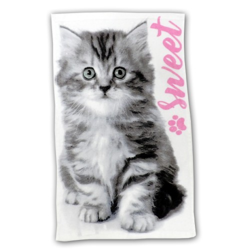 Ręcznik bawełniany 30x50 cm z szarym, pręgowanym kotkiem na białym tle z różowym napisem "Sweet" i łapką, akcesoria dla dzieci, ręcznik do rąk