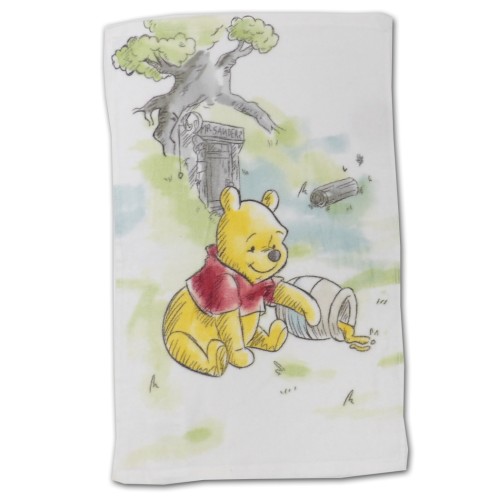 Ręcznik bawełniany 30x50 cm Kubuś Puchatek siedzący obok przewróconego słoika miodu na białym tle z drzewem i domem, akcesoria dla dzieci, ręcznik do przedszkola.