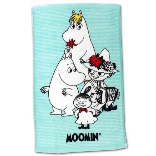 Ręcznik bawełniany 30x50 cm Muminki z postaciami Muminka, Migotki, Ryjka i Włóczykija na miętowym tle z logo Moomin, akcesoria dla dzieci, ręcznik do przedszkola.