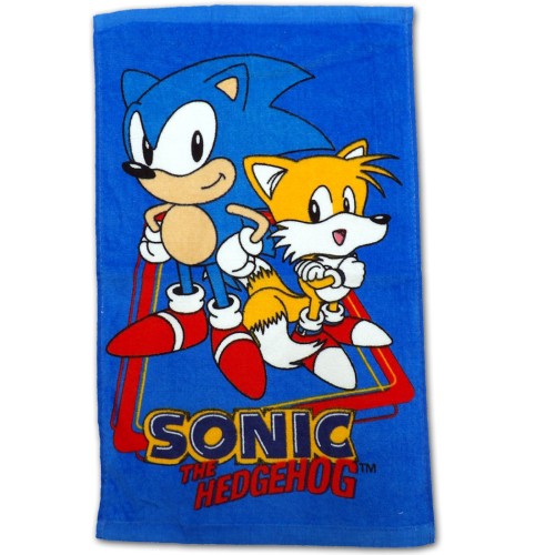 Ręcznik bawełniany 30x50 cm Sonic The Hedgehog z postaciami Sonica i Tailsa na niebieskim tle z logo, akcesoria dla dzieci, ręcznik do rąk.