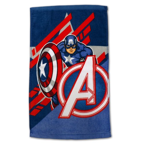Ręcznik bawełniany 30x50 cm Kapitan Ameryka z tarczą i dużym logo Avengers na niebieskim tle z czerwonymi pasami, akcesoria dla dzieci, ręcznik do rąk.