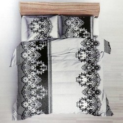 Pościel kora 220x200 czarno-biała koronka, ornament, komplet z dwiema poszewkami 70x80, bawełna gofrowana, wzór geometryczny. - wzór 1783