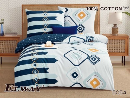Pościel bawełniana ELWAY 160x200 z asymetrycznym wzorem łączącym ciemno- i jasnoturkusowe pasy z geometrycznymi kwadratami w odcieniach turkusu, szarości i beżu. - 5054
