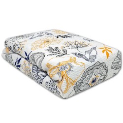 Złożona w kostkę pościel kora 160x200 abstrakcyjne kwiaty, liście, beżowe, szare, błękitne, białe tło, komplet z dwiema poszewkami 70x80, bawełna gofrowana, nowoczesny wzór 1855