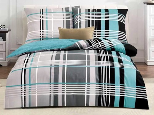 Pościel bawełniana ELWAY 160x200 z abstrakcyjnym wzorem kraty w odcieniach szarości, czerni, bieli i turkusu. 8037