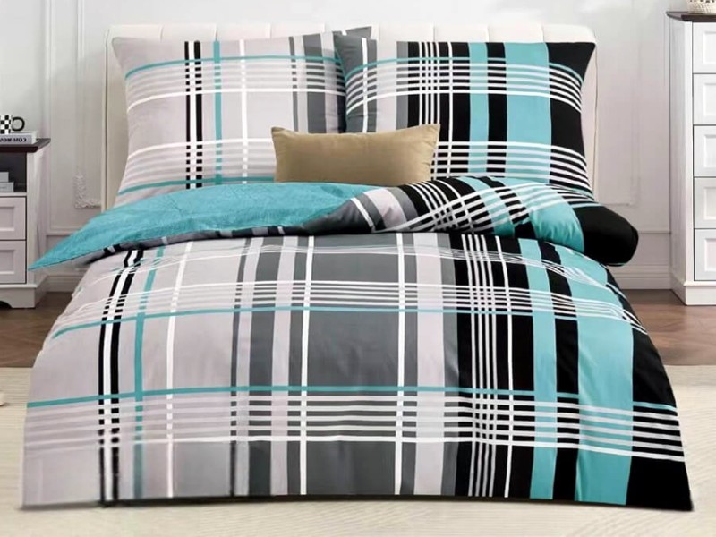 Pościel Bawełniana ELWAY Krata Abstrakcyjna 160x200 Turkusowo-Szara    8037