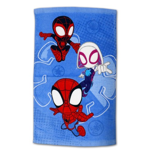 Ręcznik bawełniany 30x50 cm Spidey i Super-kumple z postaciami Spideya, Milesa Moralesa i Ghost-Spidera na jasnoniebieskim tle z wzorem pajęczyny, akcesoria dla dzieci, ręcznik do przedszkola.