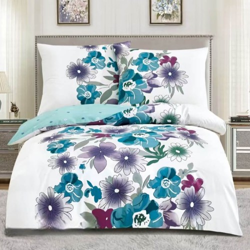 Pościel satynowa ELWAY 160x200 z dużymi, turkusowo-fioletowymi kwiatami na białym tle, z jasnoturkusowym spodem. 8046