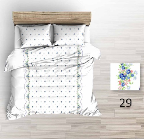 Pościel kora 160x200 w błękitne kwiaty, białe tło, pasy ażurowe, komplet z dwiema poszewkami 70x80, bawełna gofrowana, wzór elegancki.