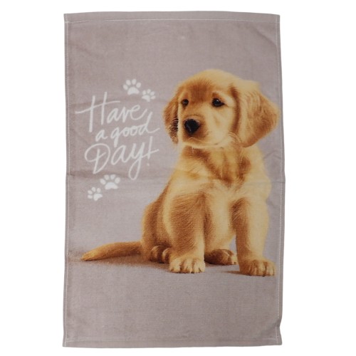 Ręcznik bawełniany 30x50 cm z realistycznym wizerunkiem szczeniaka golden retrievera na szarym tle z napisem "Have a good Day!" i śladami łapek, akcesoria dla dzieci, ręcznik do rąk.