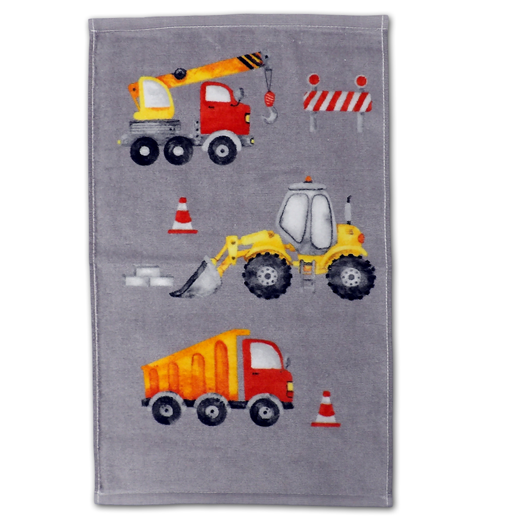 Ręcznik dziecięcy Pojazdy Budowlane 30x50cm Bawełna Szary Dźwig Koparka Wywrotka