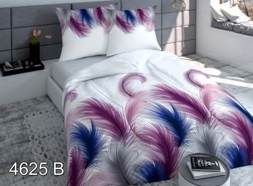 Pościel z satyny bawełnianej 160x200 biała z kolorowym wzorem piór w fiolecie, różu i niebieskim. 4625B