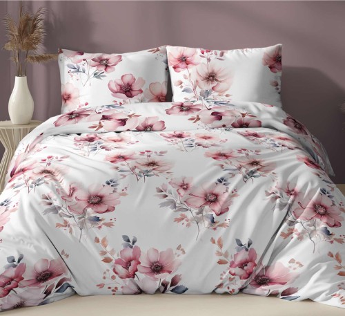 5081B -  Pościel satynowa 160x200 biała w różowe maki i kwiaty