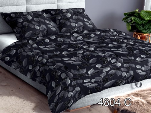 4804C - Pościel z satyny bawełnianej 160x200 ciemna z wzorem szarych liści i srebrnymi konturami.