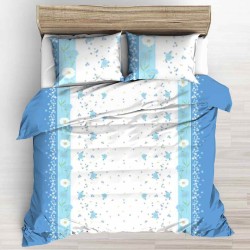 1605 - Pościel kora 160x200 w pasy i kwiaty, niebieska, biała, komplet z dwiema poszewkami 70x80, bawełna gofrowana, nowoczesny wzór.