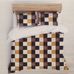 Pościel kora 160x200 duża krata, brązowa, musztardowa, czarna, biała, komplet 100% bawełna gofrowana, wzór geometryczny.
