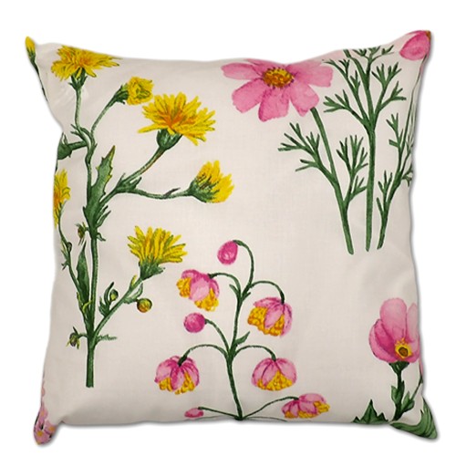 Poszewka 40×40 bawełniana, biała, z kolorowym, realistycznym nadrukiem polnych kwiatów.