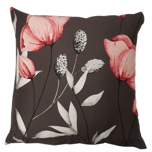 Poszewka 40×40 satyna bawełniana, ciemnobrązowa lub grafitowa, z dużym wzorem różowych kwiatów.