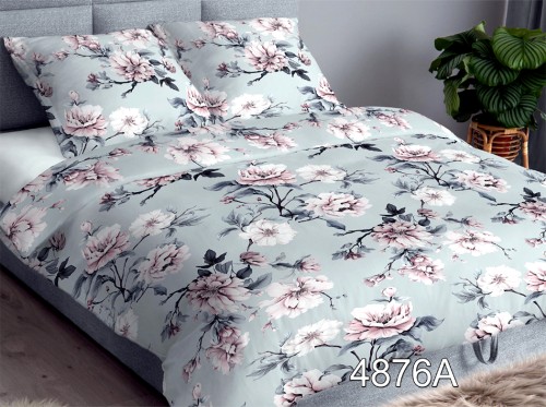 Pościel satynowa 220x200 szałwiowa w pastelowe piwonie i różowe kwiaty - 4876A