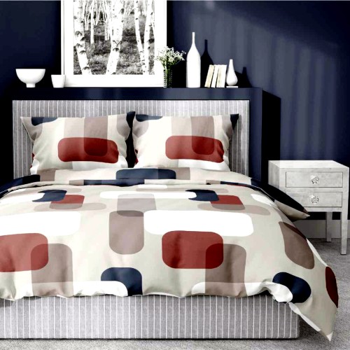 Pościel satyna bawełniana Detexpol 160x200 geometryczne prostokąty w kolorach granatu, rdzy i szarości. 5487B