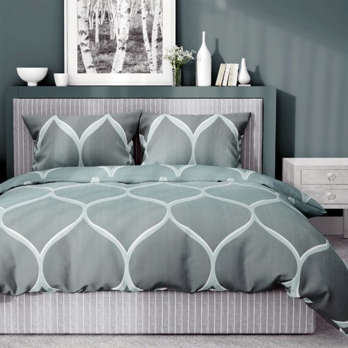 Pościel satyna bawełniana Detexpol 160x200 w kolorze petrolu, z geometrycznym wzorem koniczyny w odcieniach szarości i jasnych konturów. 5221A