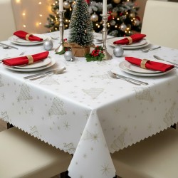 Biały obrus ze złotymi choinkami i gwiazdkami, wycinane ząbkowane brzegi 2174