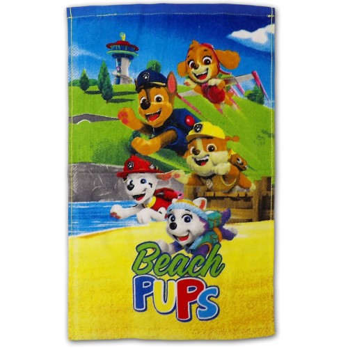 Ręcznik bawełniany 30x50 cm Psi Patrol z postaciami Chase, Skye, Marshall, Rubble i Everest na plaży i wodzie