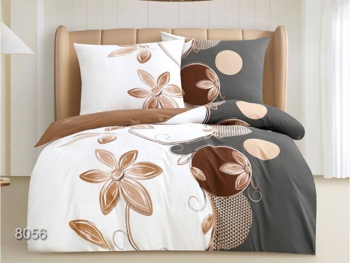 Pościel bawełna splot satynowy 160x200 cm ELWAY - Wzór 8056 Kwiaty Brąz Beż Szary