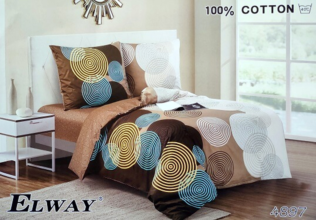 Pościel Satyna Bawełniana 160x200 ELWAY – Wzór 4897 Brązowo-Beżowe Okręgi