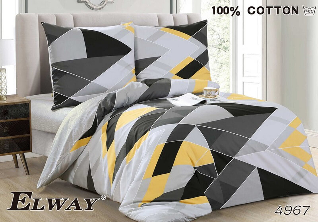 Pościel Satyna Bawełniana 160x200 ELWAY – Wzór 4967 Nowoczesna Geometria Szaro-Żółta