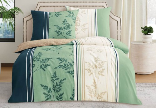 Pościel bawełna satynowa 160x200 ELWAY – Wzór 8066 Zielone i Beżowe Paprocie