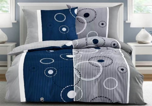 Pościel bawełna satynowa 160x200 ELWAY – Wzór 8047 Granatowo-Szara w Okręgi i Prążki