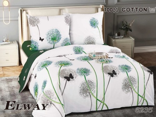 Pościel bawełna satynowa 180x200 ELWAY – Wzór 6235 Kwiaty Czosnku i Motyle na Białym Tle – nowoczesna pościel botaniczna