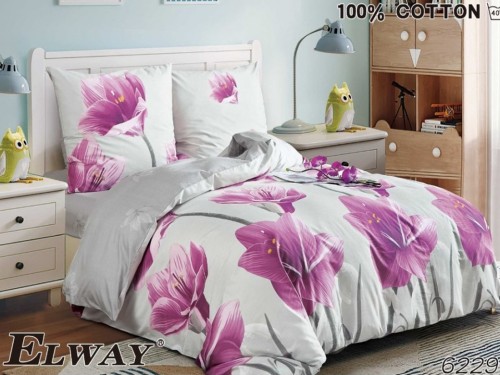 Pościel bawełna satynowa 180x200 ELWAY – Wzór 6229 Fioletowe Lilie na Szarym Tle – kwiatowa pościel do sypialni