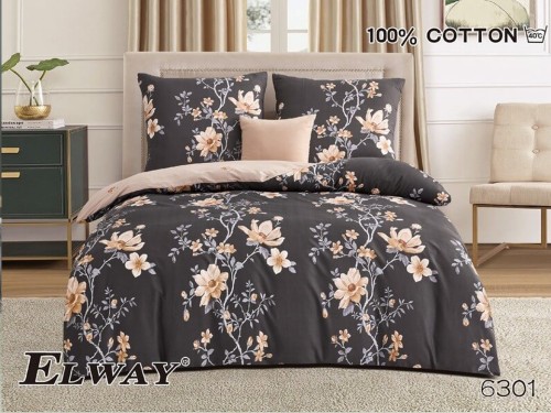 Pościel bawełna satynowa 180x200 ELWAY – Wzór 6301 Beżowe Kwiaty na Ciemnym Tle – elegancki komplet pościeli