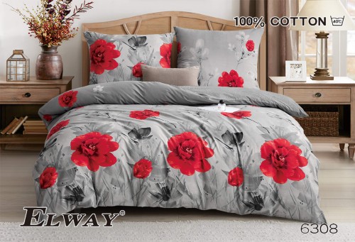 Pościel bawełna satynowa 220x200 ELWAY – Wzór 6308 Czerwone Kwiaty na Szarym Tle – elegancka pościel florystyczna - 6308