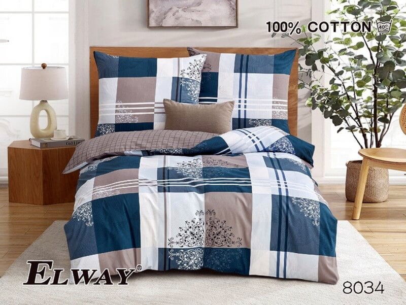 Pościel Satyna Bawełniana 160x200 ELWAY – Wzór 8034 Klasyczna Krata i Ornamenty Navy Blue