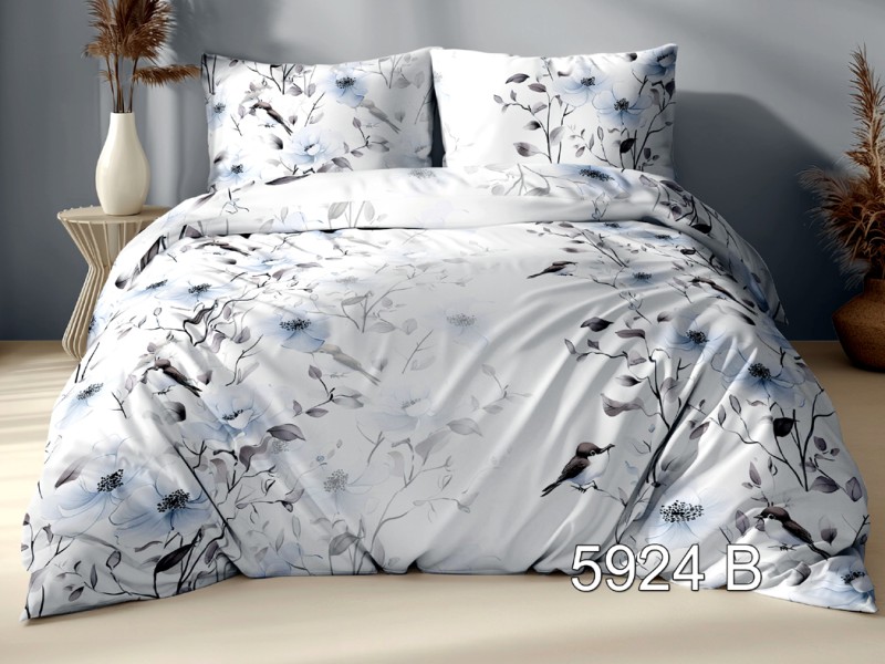 Pościel Satynowa Esclusiva 5924B Biała w Jasnoniebieskie Kwiaty i Ptaki 160x200