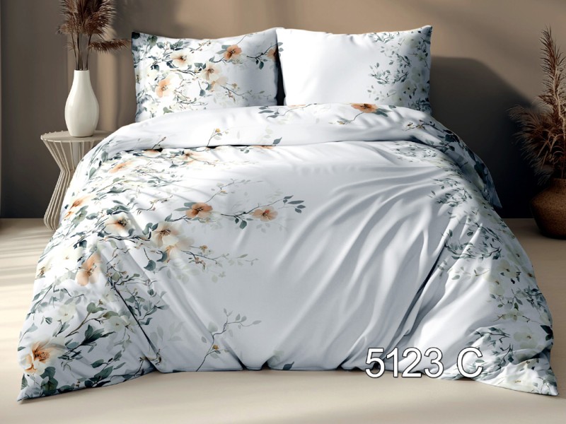 Pościel Satyna Bawełniana 160x200 Esclusiva 5123C Biała w Subtelne Brzoskwiniowe Kwiaty.