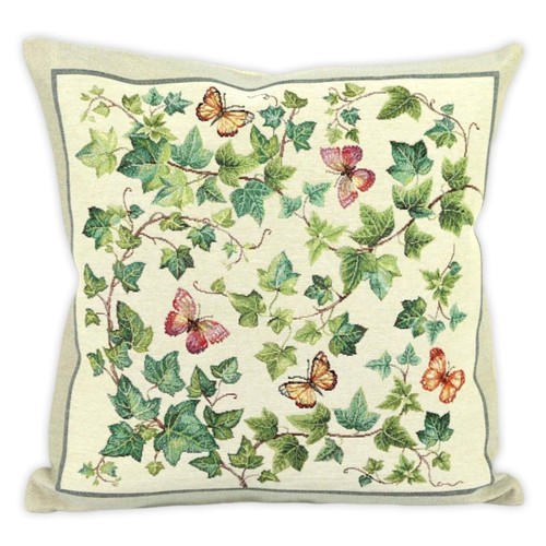 Kwadratowa poszewka gobelinowa z tkanym wzorem zielonych liści bluszczu na jasnym, beżowym tle.